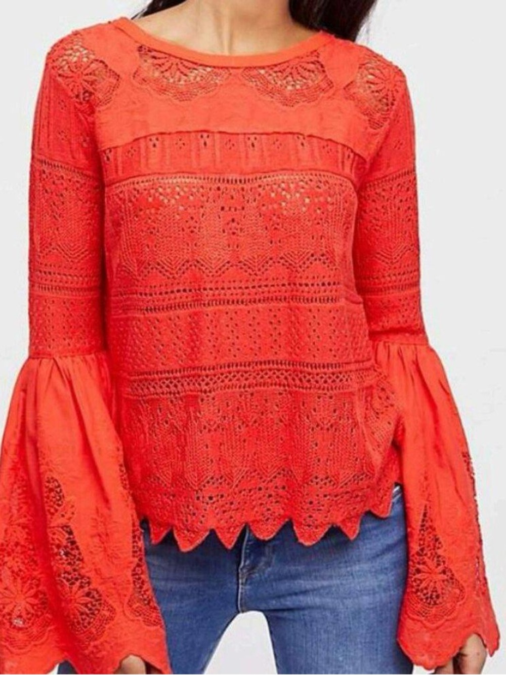 Free People Once Upon A Time Lace Crochet Bell Sleeve Red Blouse